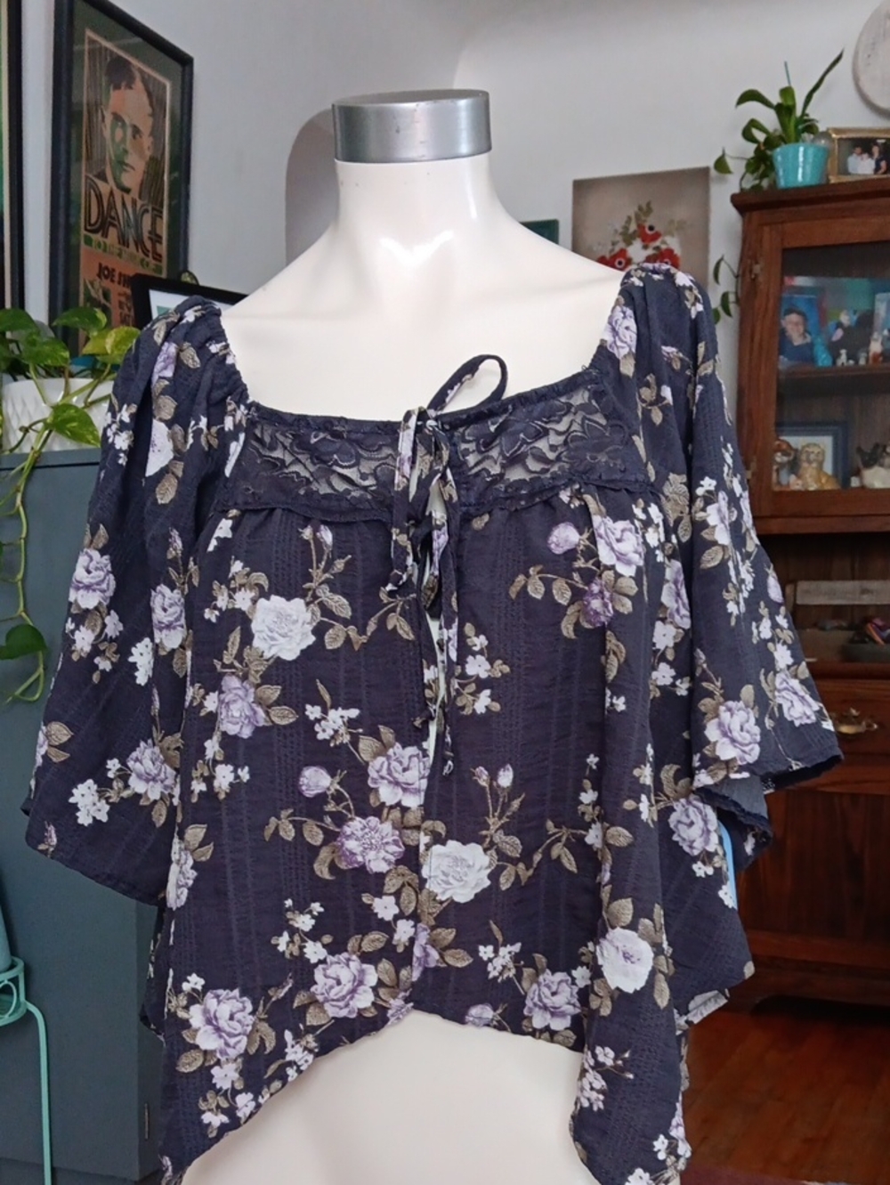 Velvet Navy Floral Poet Blouse with Lavender and Cream Roses